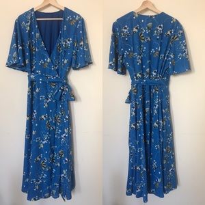 Eshakti Blue Fan Print Wrap Midi Dress POCKETS